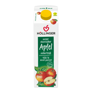 Höllinger Steirischer Apfelsaft Tetra Pak® in weiß mit grünem Hintergrund auf dem Äpfel zu sehen sind.
