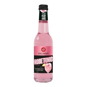 Höllinger Bio Rose Tonic Urban Refresher mit schwarz rosa Etikette auf der Ein Gin Tonic mit Rosen zu sehen ist.